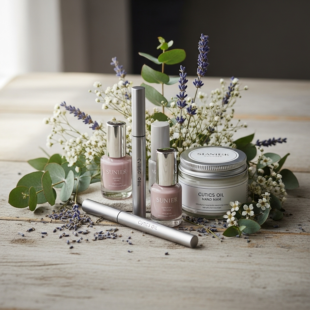 Display of Giftartstudio premium nail products arranged artistically with botanical elements